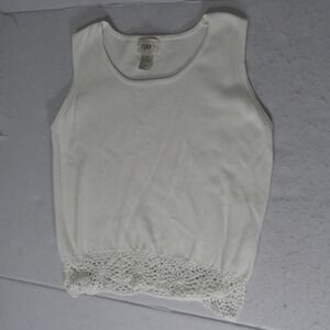 Jenny Womens Knit Tank L White Crochet Lace Trim Cottagecore Boho Chic Coquette